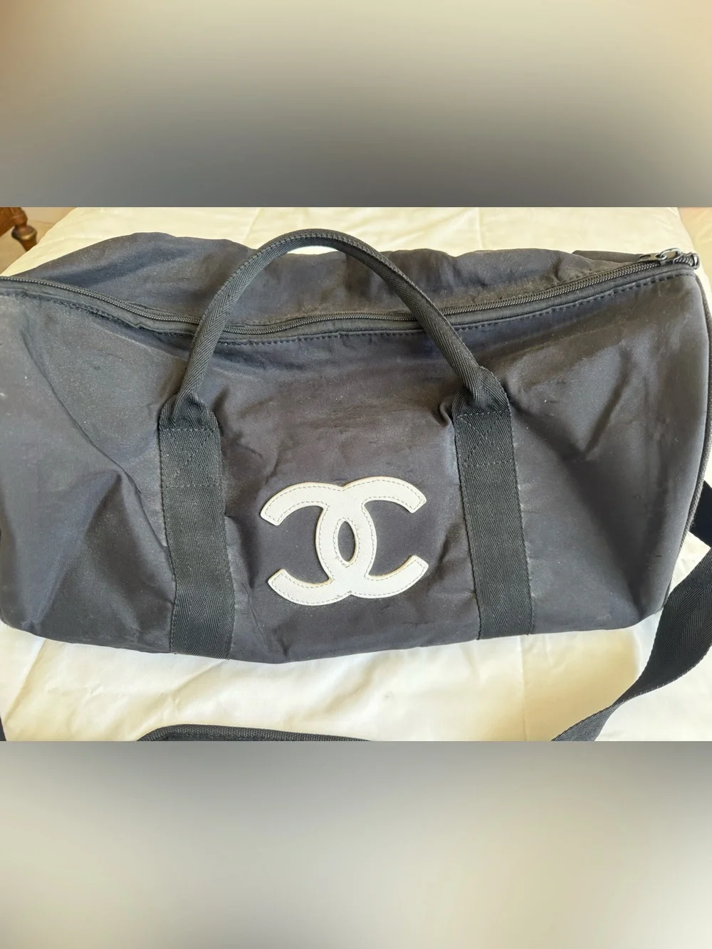 CHANEL Black Canvas Duffel Bag with White CC Logo
